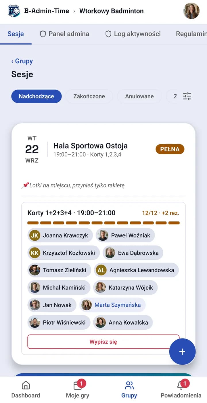 Ekran aplikacji: lista sesji grupy